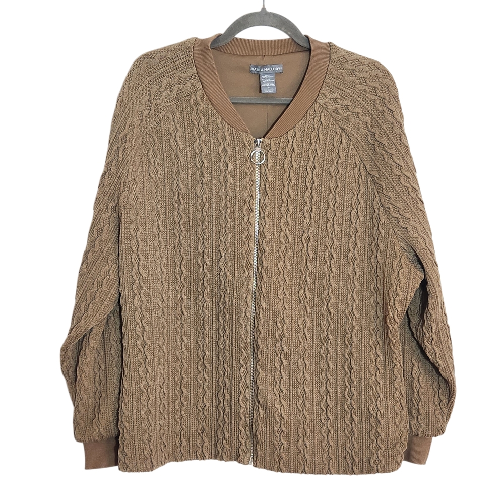 Kate & Mallory Khaki Brown Cable Knit Zip Up Cardigan Sweater Size XL